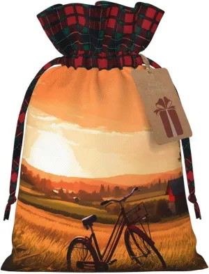 NONHAI Christmas Drawstring Gift Bags Sunset Rural View Santa Bag Buffalo Christmas Burlap Bags with Gift Tags Upgraded Candy Gift Wrapping Bags for Christmas Presents Party Favor Goody Sack