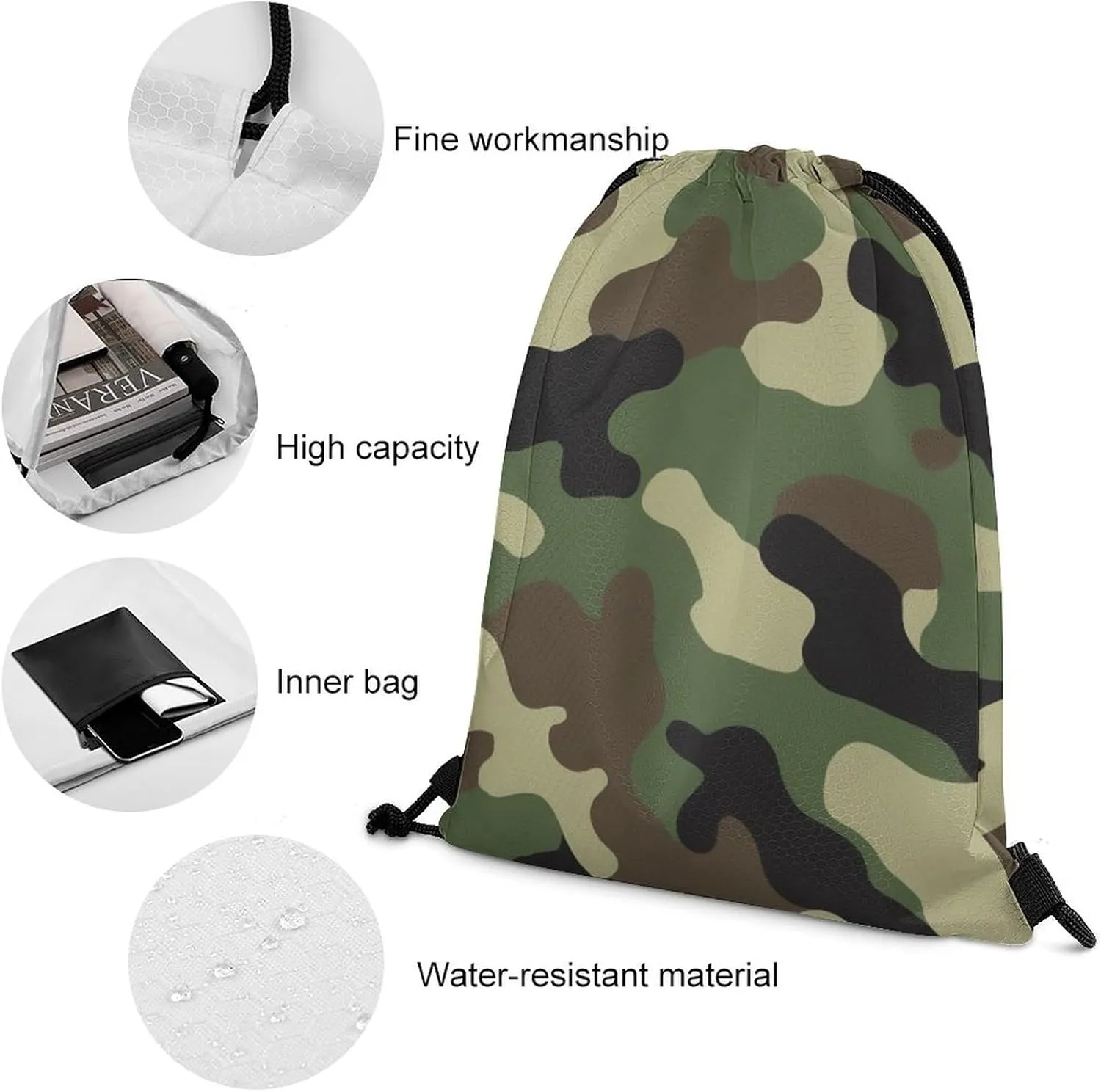 Novelty Handbag Shoulder Bag, Large Capacity Cool Camo Military Camouflage Lightweight Portable Backpack for Travel, Waterproof Sack Bags Drawstring Bags