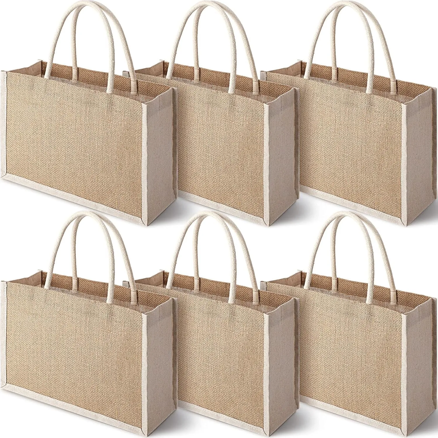 Nuogo 6 Pcs Burlap Gift Bags Jute Tote Bags with Handle Medium Reusable Multipurpose Jute Canvas Favors Tote for DIY Women Market Grocery Shopping Beach Trip Bridesmaid Wedding 12.6 x 8.66 x 5.12 in