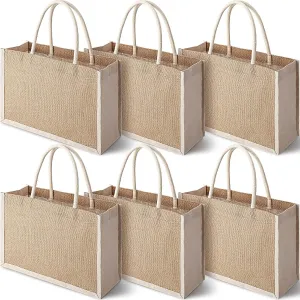 Nuogo 6 Pcs Burlap Gift Bags Jute Tote Bags with Handle Medium Reusable Multipurpose Jute Canvas Favors Tote for DIY Women Market Grocery Shopping Beach Trip Bridesmaid Wedding 12.6 x 8.66 x 5.12 in