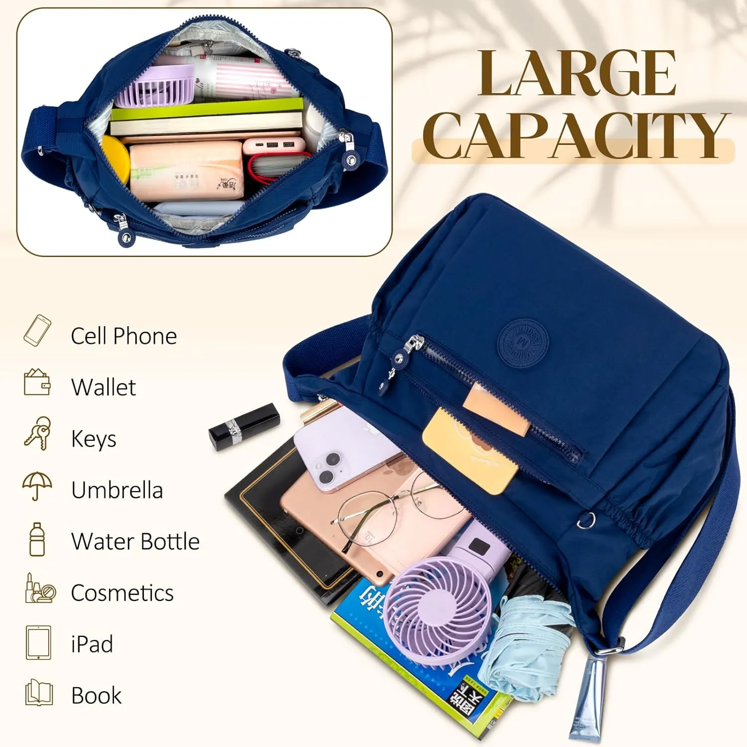 Nylon Crossbody Bags for Women Waterproof Lightweight Large Travel Purses Multi-Pocket Pocketbooks Shoulder Bag