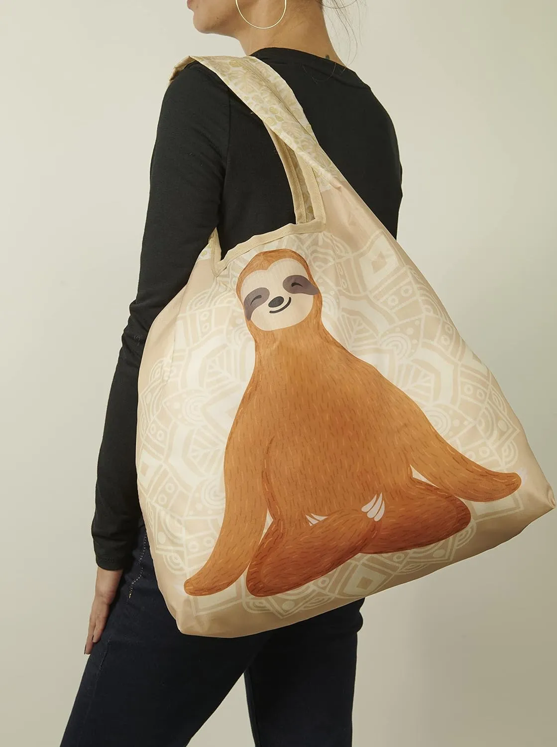 O-WITZ Reusable Grocery Bags | Vibrant Tote Bag For Groceries, Gym, Beach Gear, Toys & More | Washable Design With Large Handles For Maximum Convenience | Folds Into A Small Pouch, Sloth Yoga