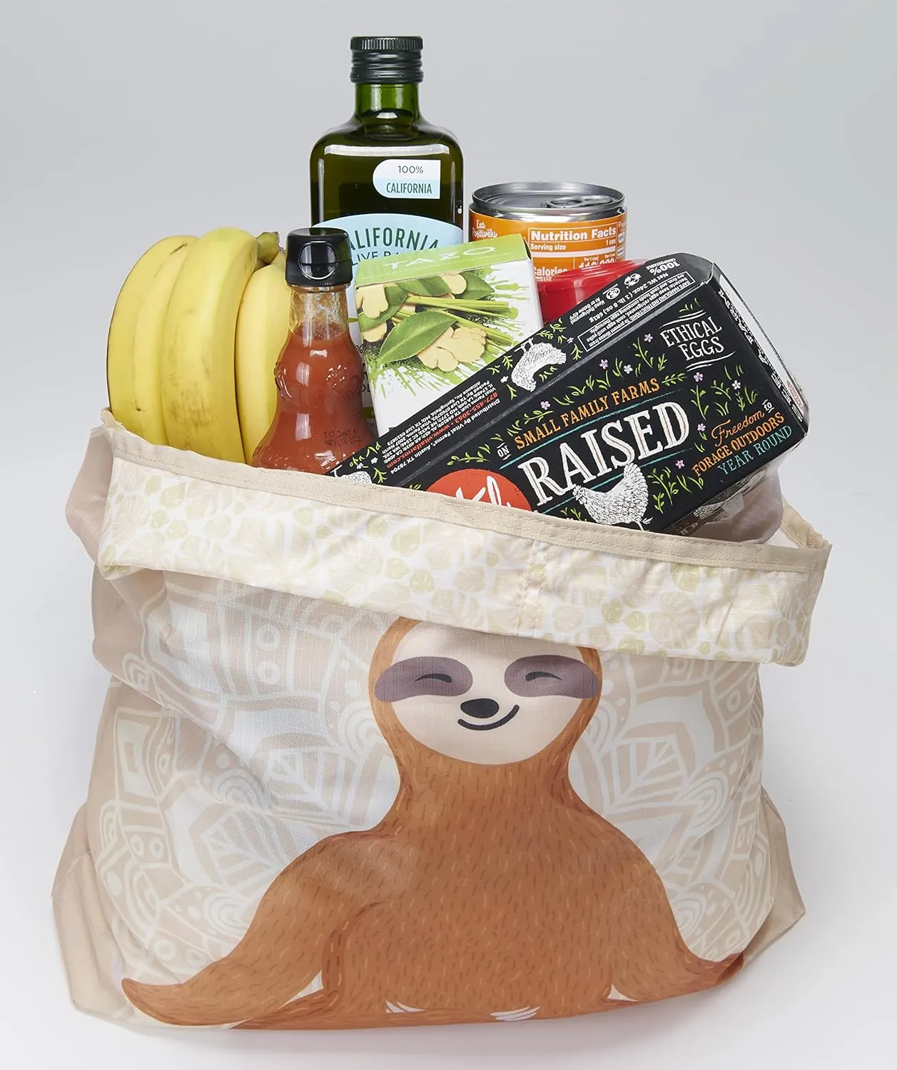 O-WITZ Reusable Grocery Bags | Vibrant Tote Bag For Groceries, Gym, Beach Gear, Toys & More | Washable Design With Large Handles For Maximum Convenience | Folds Into A Small Pouch, Sloth Yoga
