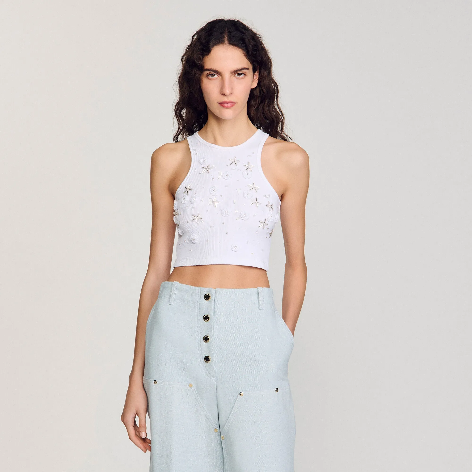 Oasis Beaded And Rhinestone Tank Top White