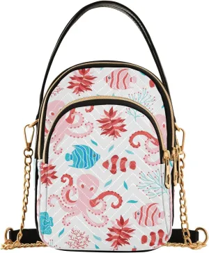 Octopus Fish and Seaweed Pattern Design Crossbody Bags Shoulder Bag for Women Stylish Ladies Messenger Bags Cell Phone Purse and Handbags Wallet