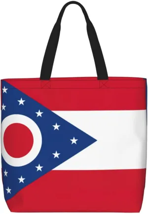 Ohio State Flag Print Women Reuseable Handbag, Grocery Bag Foldable For Shopping Travel Activity
