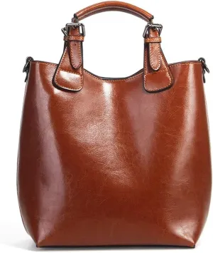 Oil Wax Leather Handbag Retro Women Casual Tote Bucket Bag