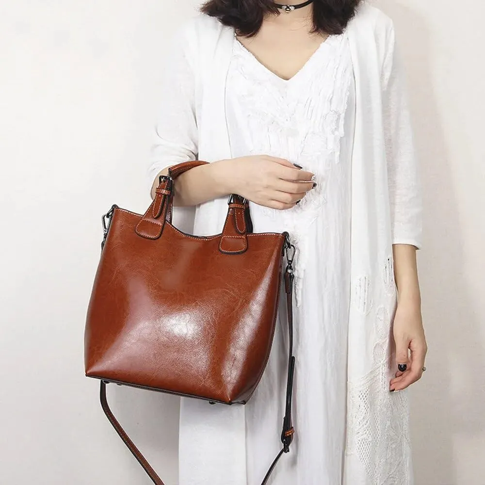 Oil Wax Leather Handbag Retro Women Casual Tote Bucket Bag