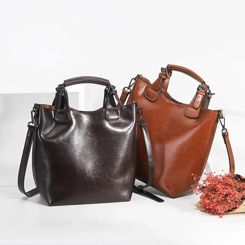 Oil Wax Leather Handbag Retro Women Casual Tote Bucket Bag