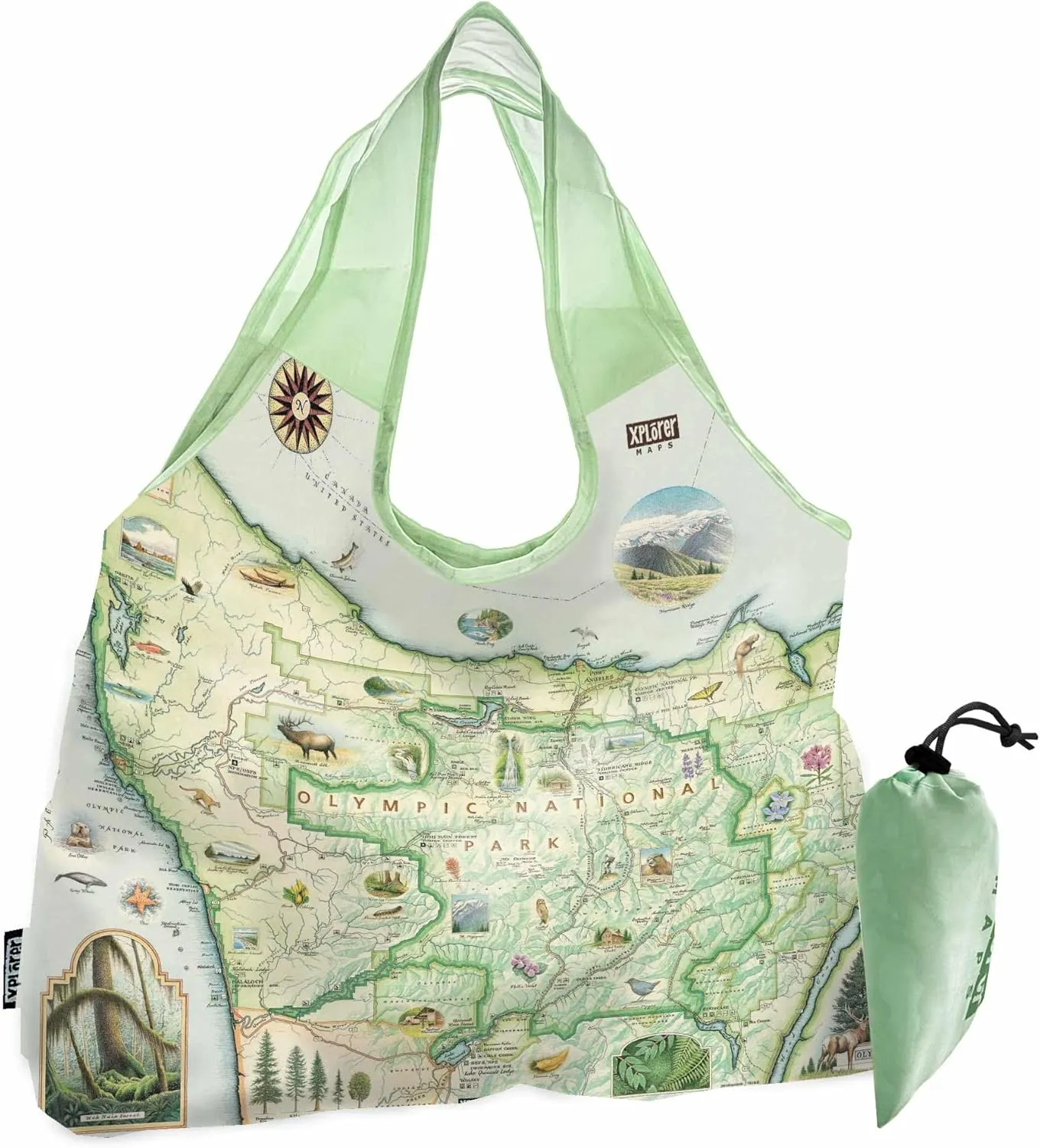 Olympic National Park Map Pouch Tote with Handles – Reusable, Eco-Friendly Grocery Shopping Bag, Foldable Heavy-Duty Nylon, 18" x 25"