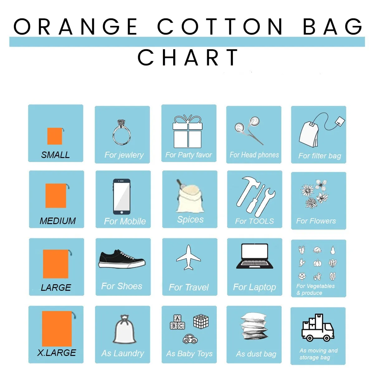 Orange Cotton Single Drawstring Pouch for everyday use