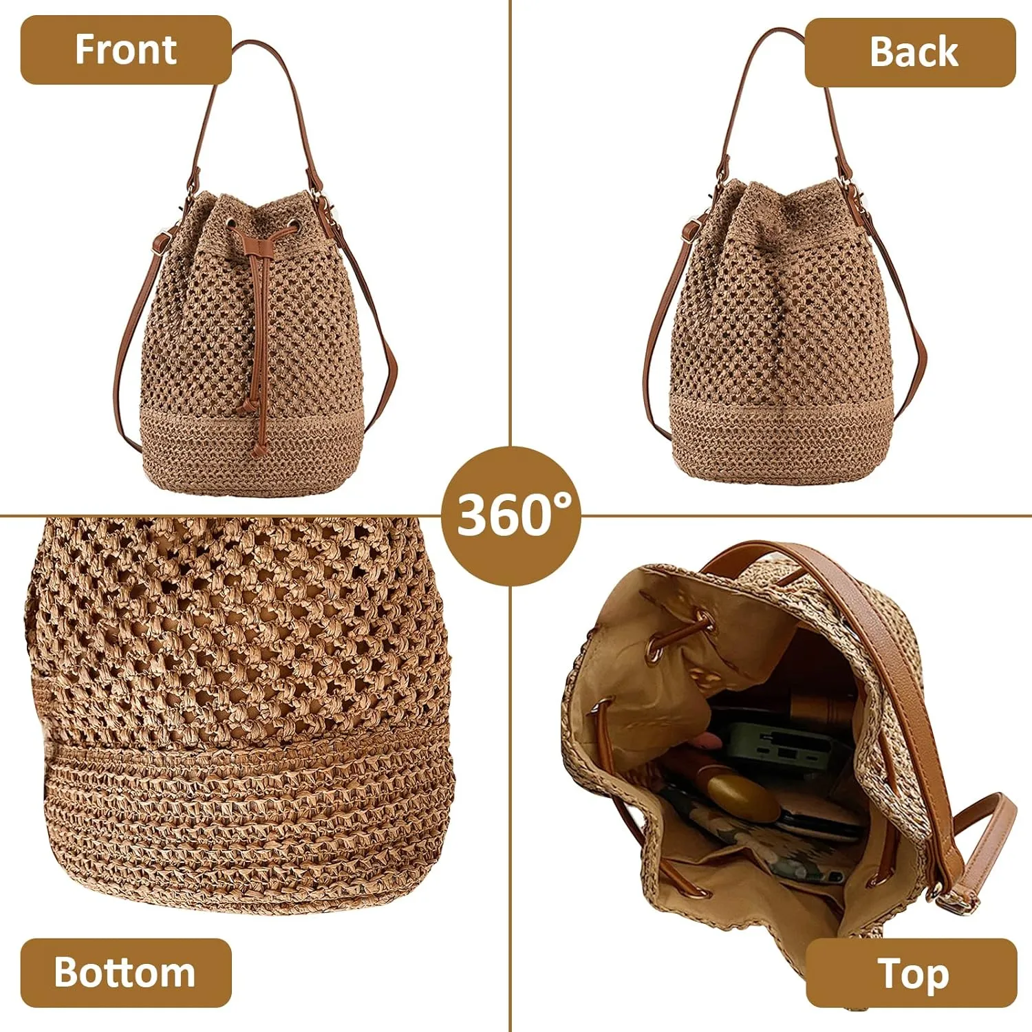 Orgonite Bucket Straw Handbag, Handmade Tote Bag with Pearl Flower, Beach Woven Bag Rattan Basket Purse Drawstring for Women