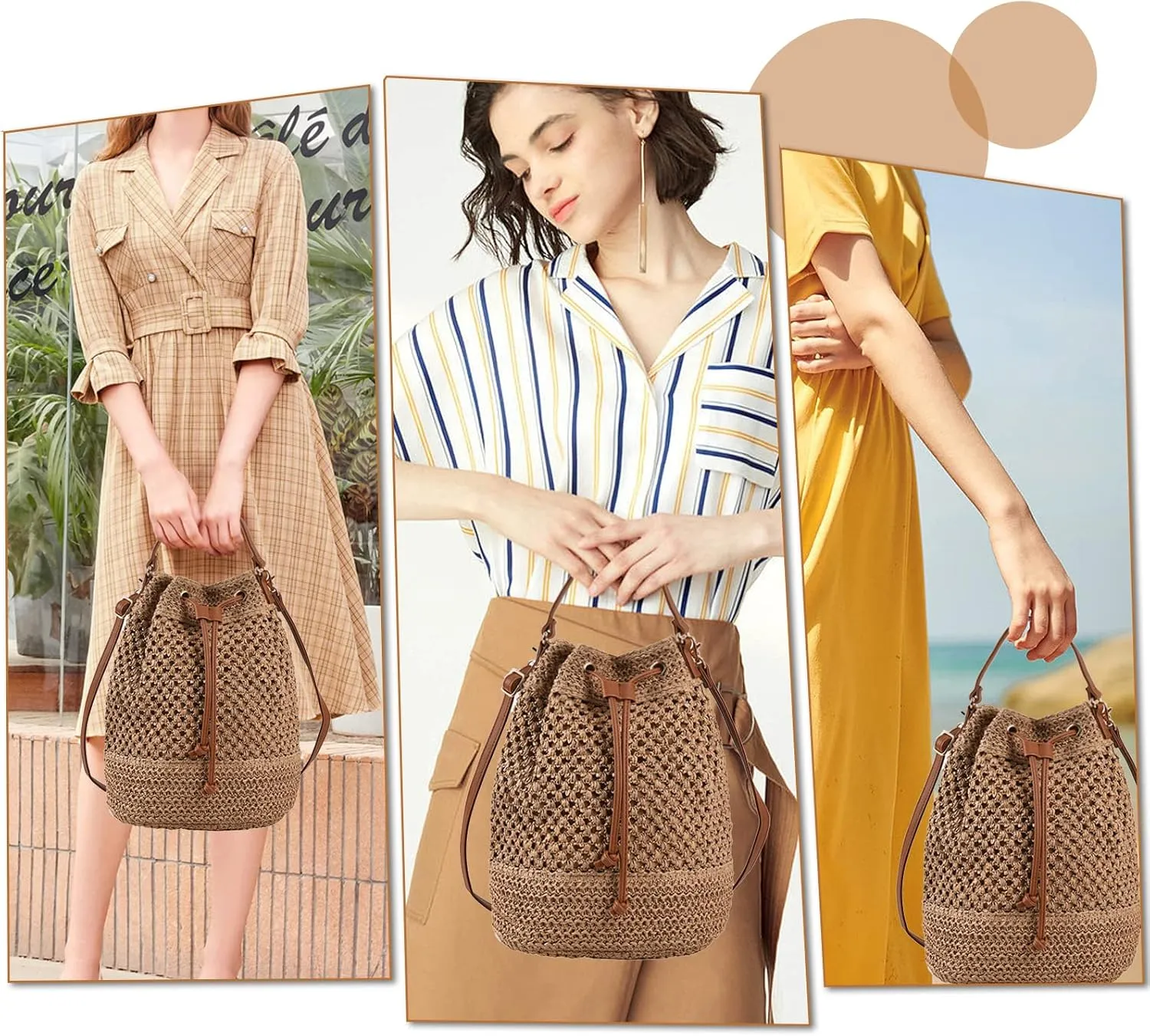 Orgonite Bucket Straw Handbag, Handmade Tote Bag with Pearl Flower, Beach Woven Bag Rattan Basket Purse Drawstring for Women