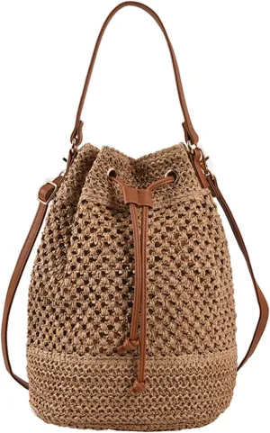 Orgonite Bucket Straw Handbag, Handmade Tote Bag with Pearl Flower, Beach Woven Bag Rattan Basket Purse Drawstring for Women