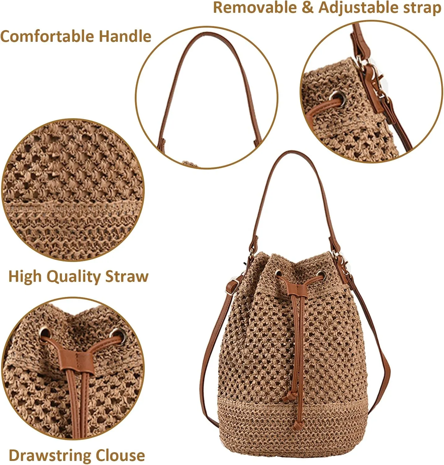 Orgonite Bucket Straw Handbag, Handmade Tote Bag with Pearl Flower, Beach Woven Bag Rattan Basket Purse Drawstring for Women