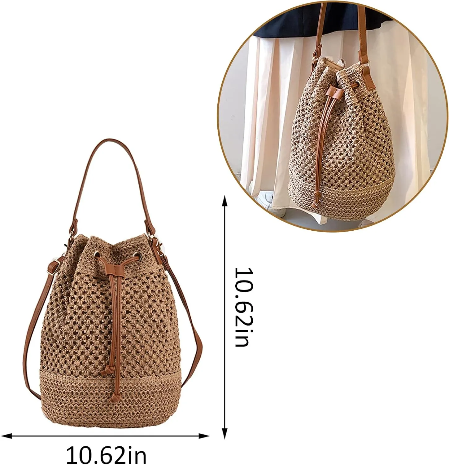 Orgonite Bucket Straw Handbag, Handmade Tote Bag with Pearl Flower, Beach Woven Bag Rattan Basket Purse Drawstring for Women