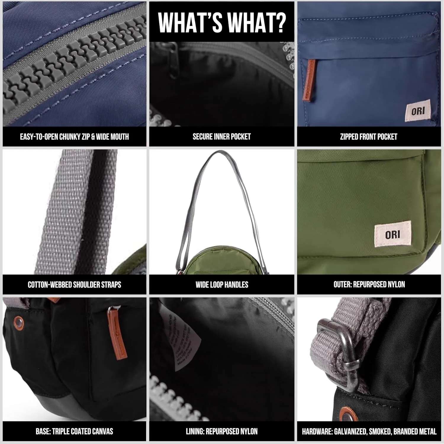 ORI LONDON Crossbody Bag - Nylon Small Crossbody Bags for Women & Men with Chunky Zippers - The Paddington