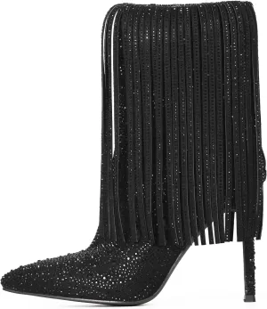 Ouepiano Women's Rhinestone Booties Stiletto Heel Boots Bling Pointed Toe Side Zipper Sparkly Rhinestone Knee High Boots for Party, Wedding, Proms