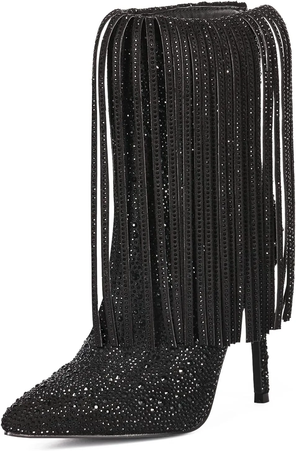 Ouepiano Women's Rhinestone Booties Stiletto Heel Boots Bling Pointed Toe Side Zipper Sparkly Rhinestone Knee High Boots for Party, Wedding, Proms