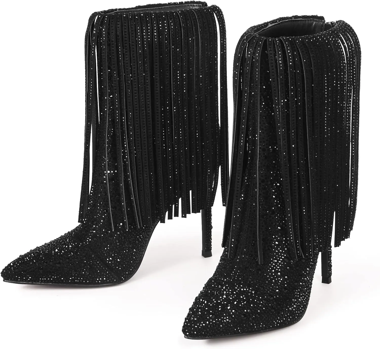 Ouepiano Women's Rhinestone Booties Stiletto Heel Boots Bling Pointed Toe Side Zipper Sparkly Rhinestone Knee High Boots for Party, Wedding, Proms