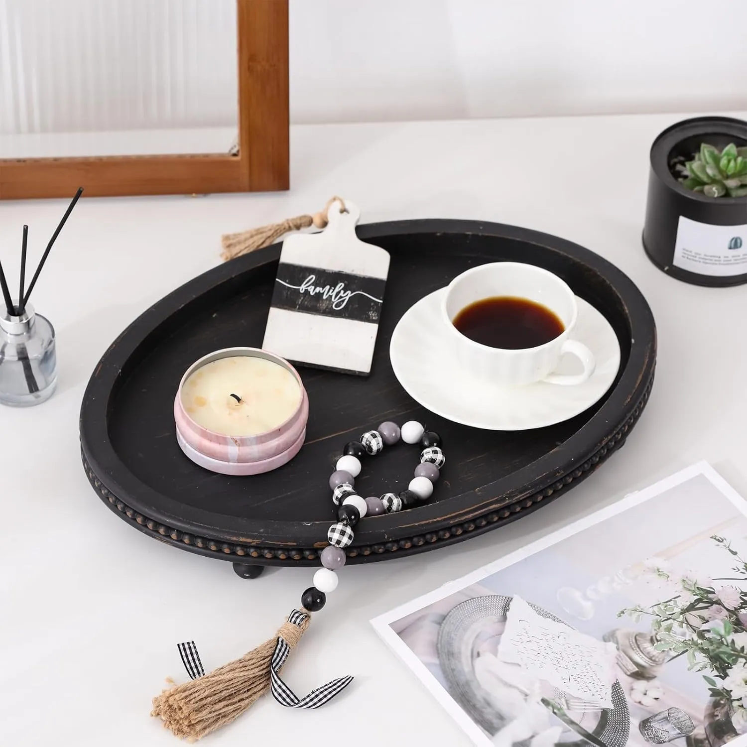 Oval Trays, Wooden Decorative Trays for Coffee Table, Small Beaded Decor in Black
