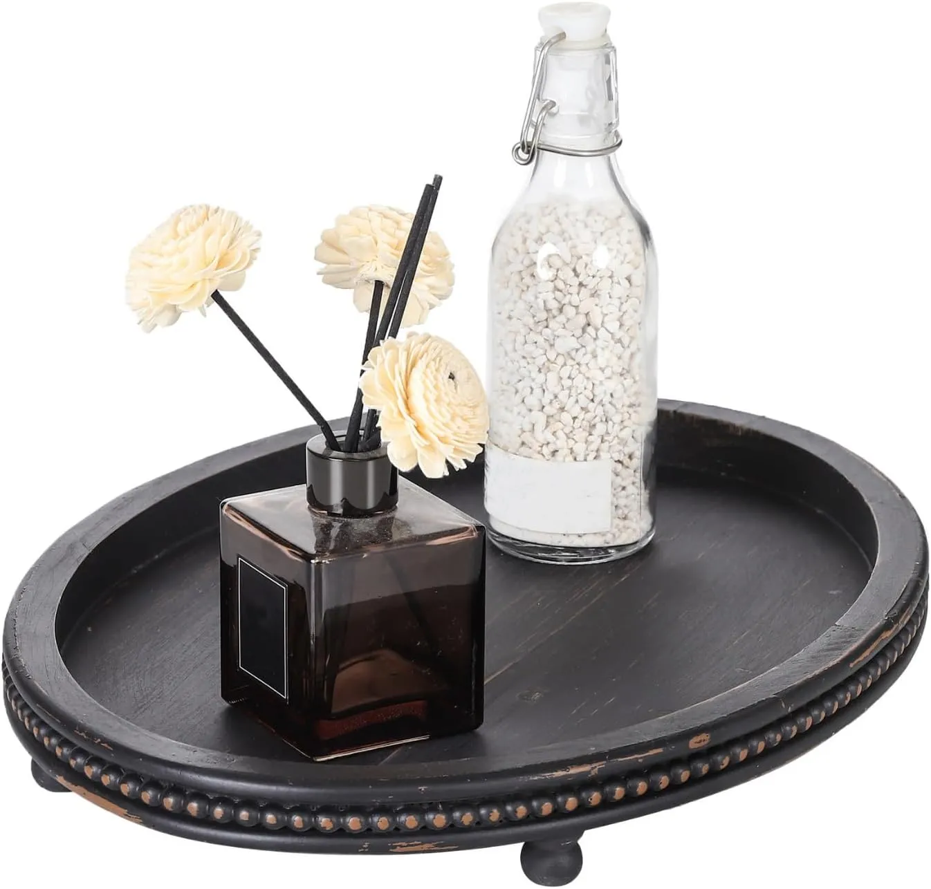 Oval Trays, Wooden Decorative Trays for Coffee Table, Small Beaded Decor in Black