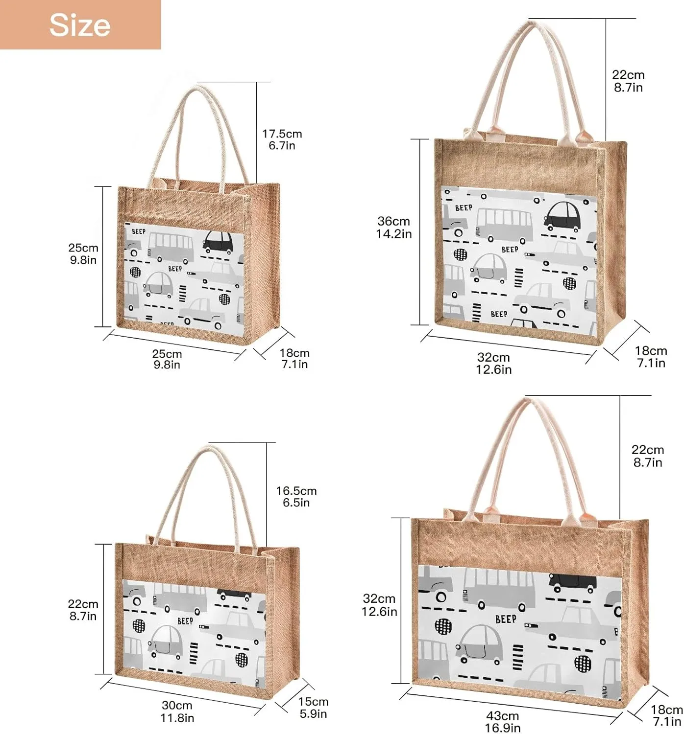 Oyihfvs Durable Burlap Bag with Handles, Zipper Jute Tote Reusable Bag Waterproof Lining for Shopping Work Travel beach