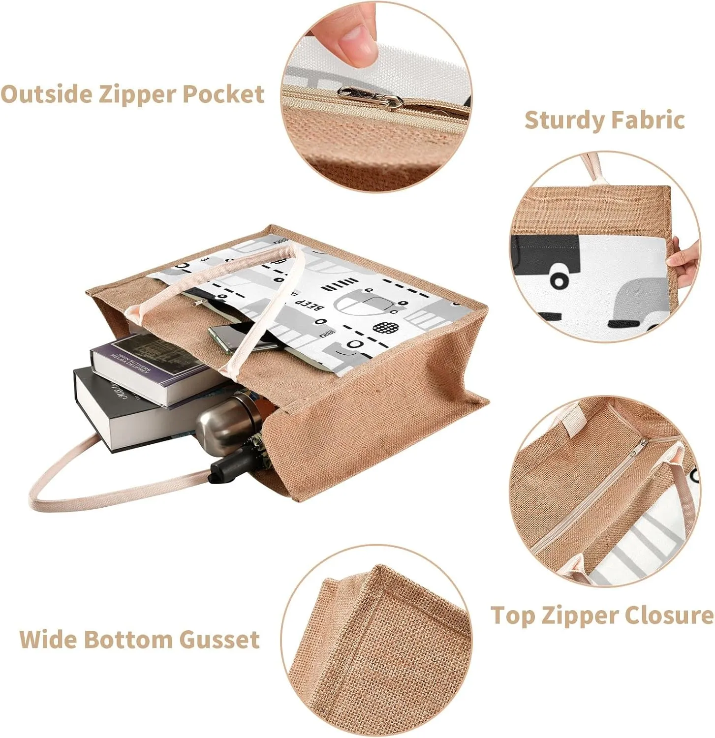 Oyihfvs Durable Burlap Bag with Handles, Zipper Jute Tote Reusable Bag Waterproof Lining for Shopping Work Travel beach