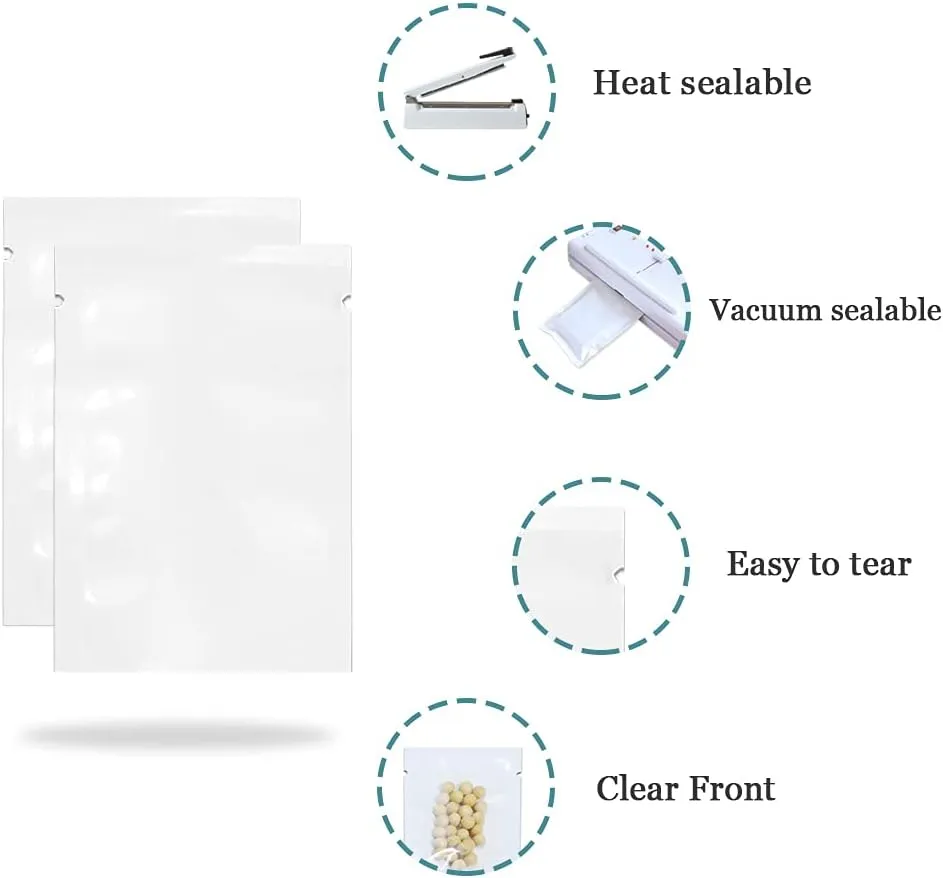PABCK 200 Pcs 3.1x4.7 inch (Usable Size 2.75x4.3 inch) White Front Clear Open Top 2.8mil Plastic Vacuum Pouch Heat Sealable Bags for Food Storage Packets Mini Sample with Tear Notches