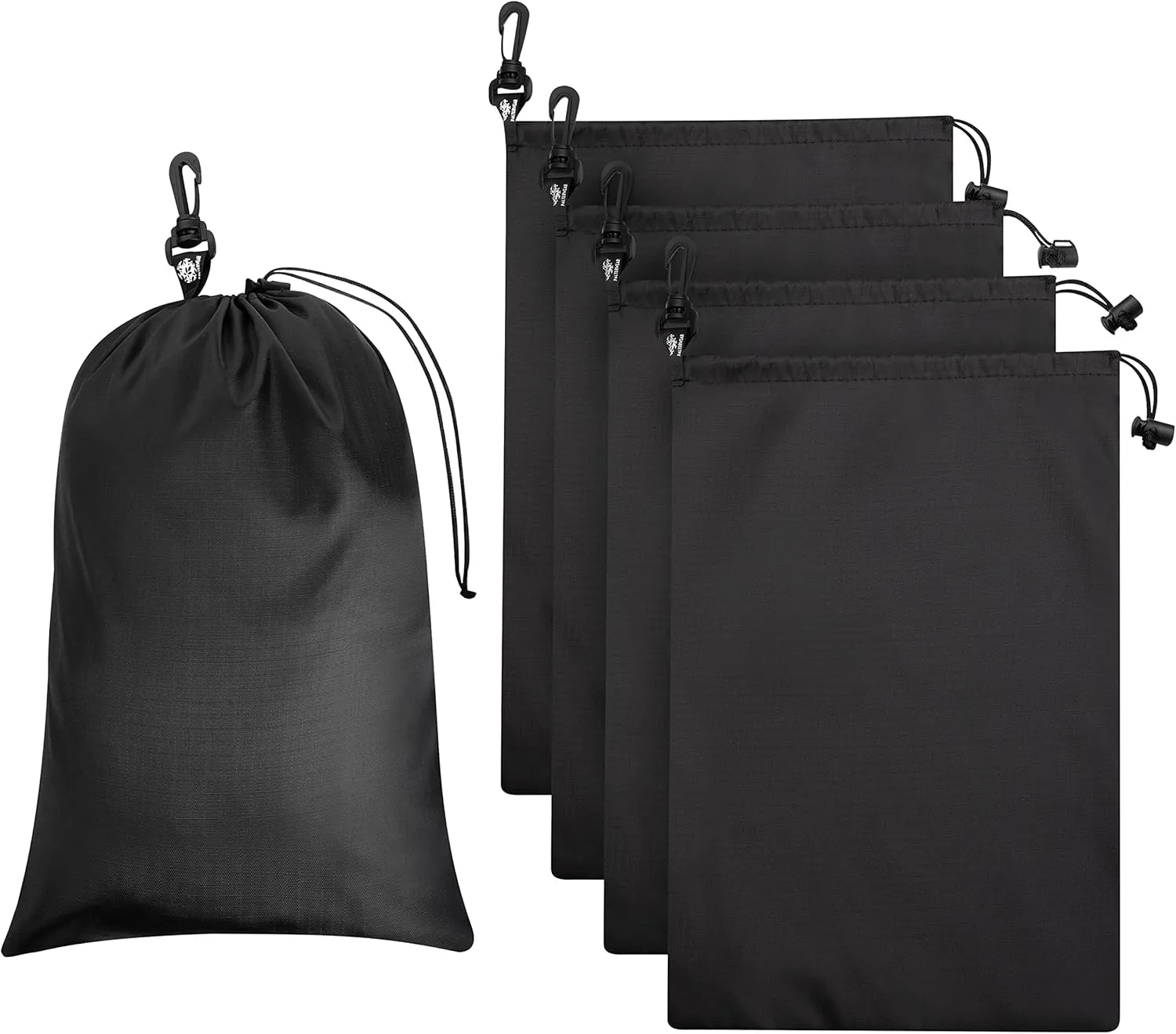 PALTERWEAR Drawstring Bag - Cinch and Ditty Pouch with Clip for Travel, Wardrobe, Outdoors - Set of 5 (Black, 10 x 15 inch)