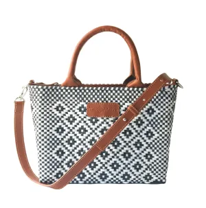 Panda Small Woven Crossbody Bag - Tan Leather Handles, Crossbody Strap and Zipper Closure, Handwoven Plastic Bag, Oaxaca Mexican Recycled Plastic Woven Bag, Summer Bag, Small Crossbody Purse