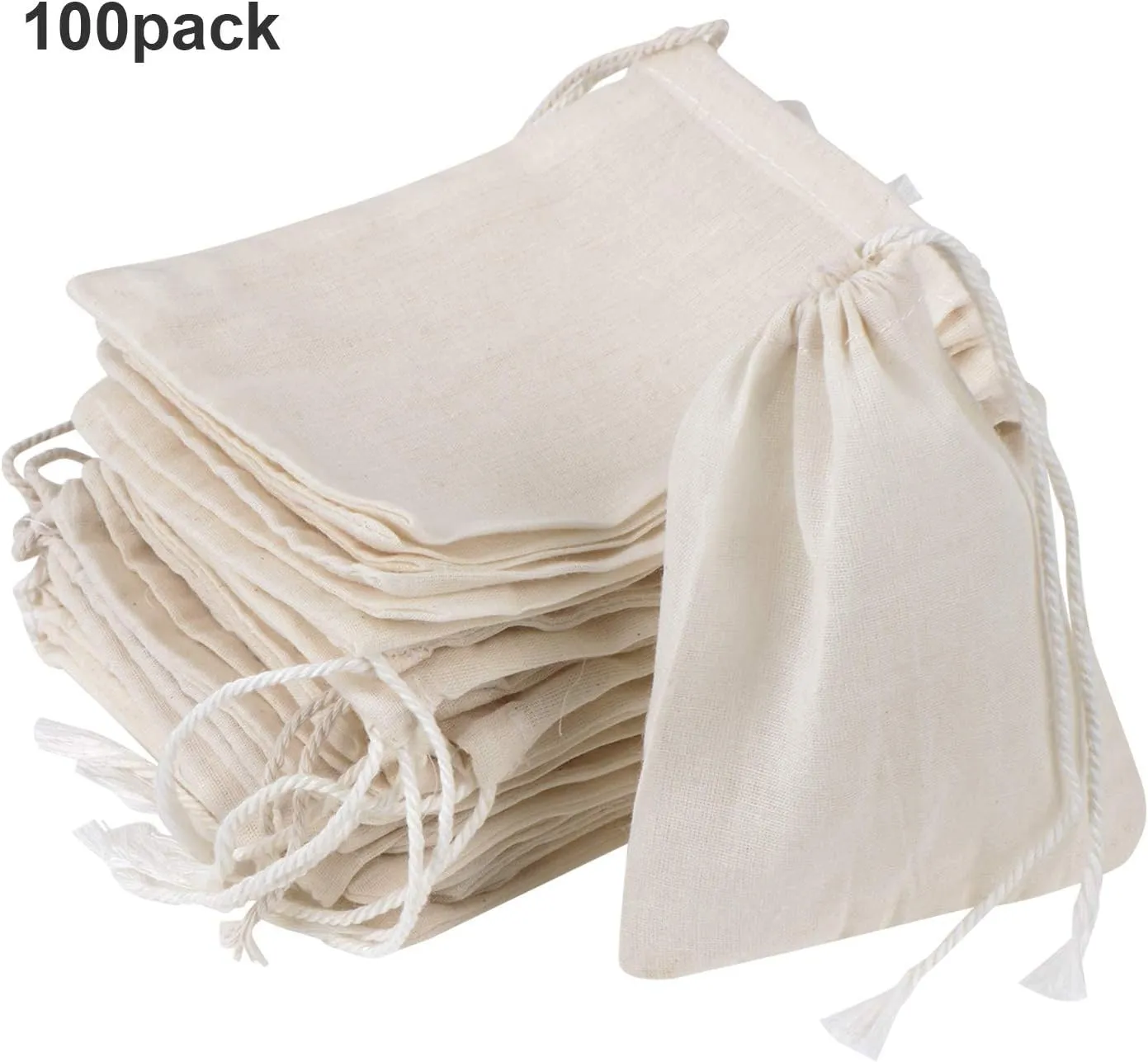 Pangda 100 Pieces Drawstring Cotton Bags Muslin Bags for Storage, Teas, Spices, Soaps, Candy, Jewellery, Wedding Party Favors and DIY Craft Home Decor (4 x 3 Inches)