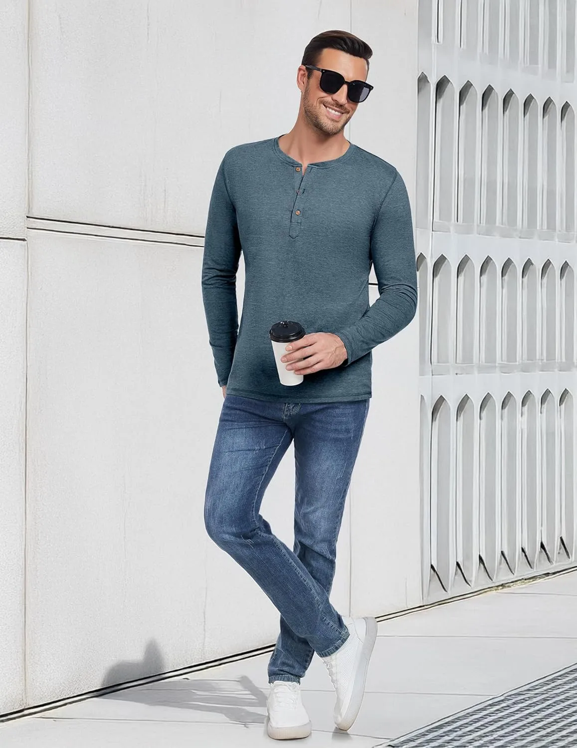 PEGENO Men's Fashion Casual Front Placket Long Sleeve Henley T-Shirts Cotton Shirts