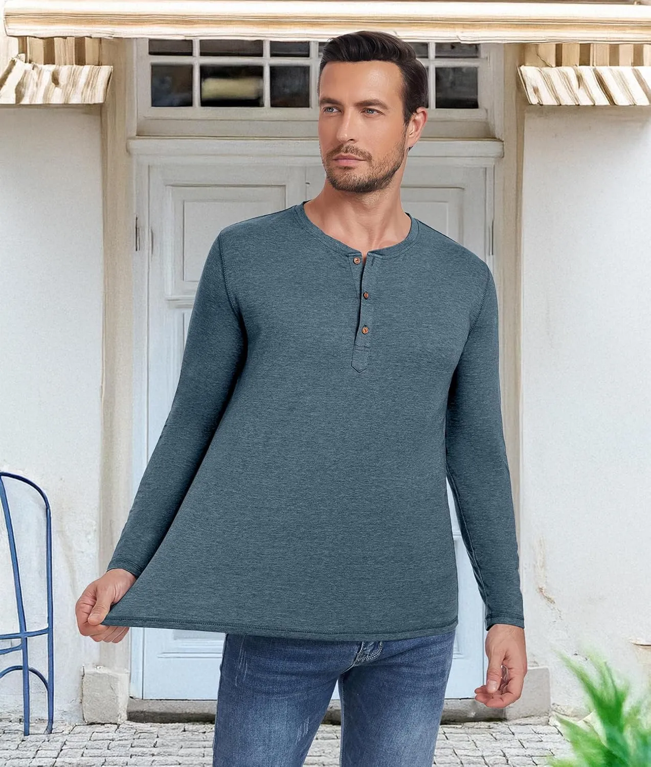 PEGENO Men's Fashion Casual Front Placket Long Sleeve Henley T-Shirts Cotton Shirts