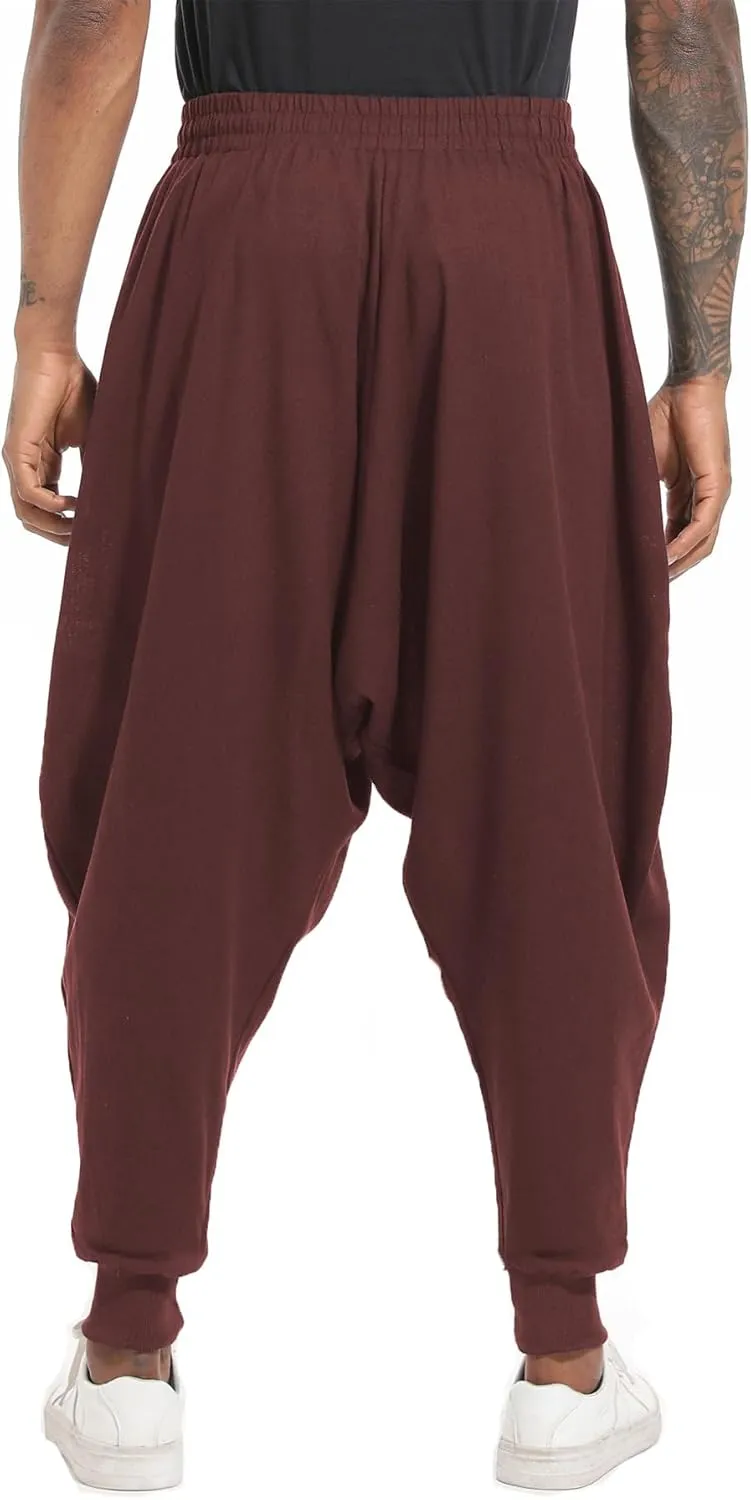 perdontoo Mens Harem Pants Casual Drawstring Aladdin Hippie Cotton Drop Crotch Trouser