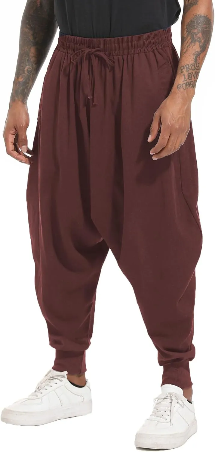 perdontoo Mens Harem Pants Casual Drawstring Aladdin Hippie Cotton Drop Crotch Trouser