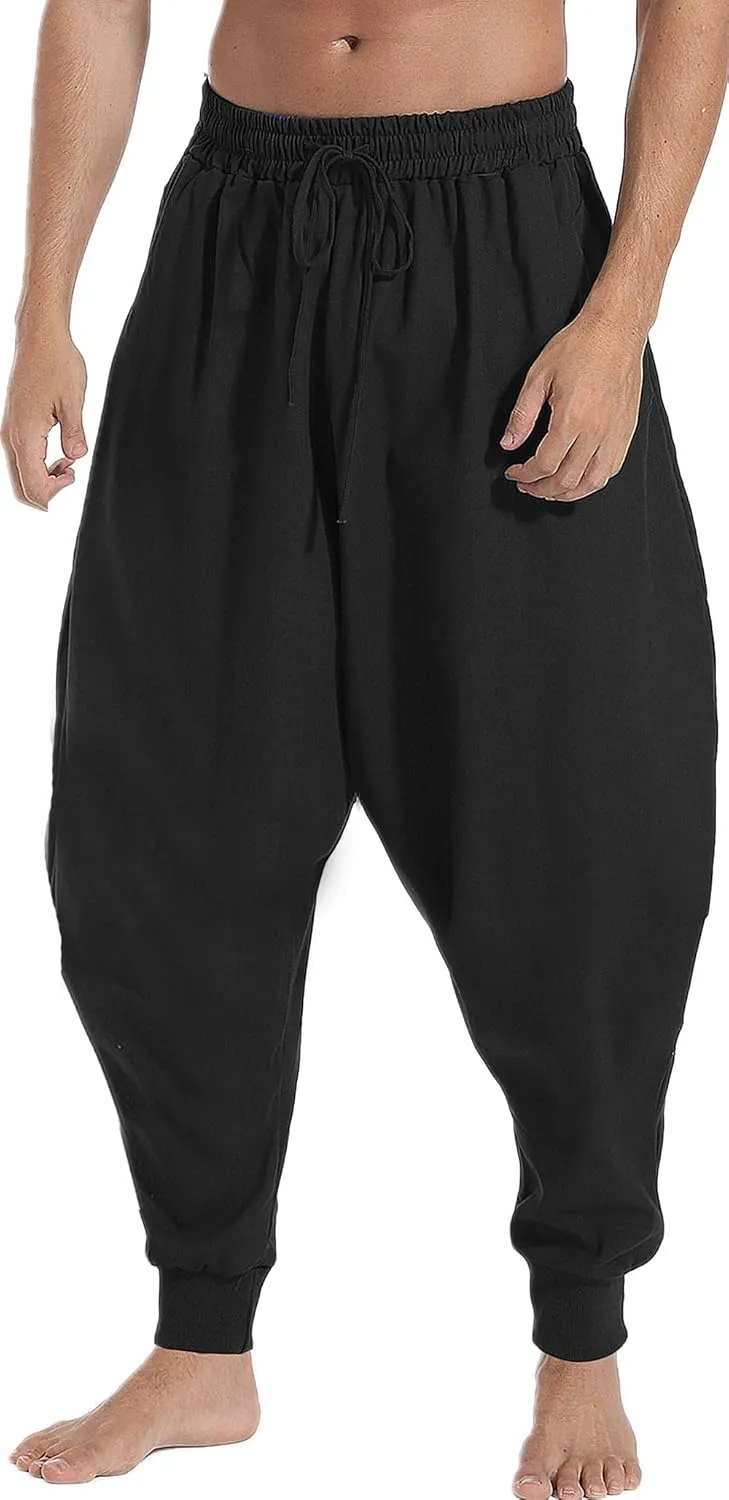 perdontoo Mens Harem Pants Casual Drawstring Aladdin Hippie Cotton Drop Crotch Trouser