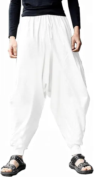 perdontoo Mens Harem Pants Casual Drawstring Aladdin Hippie Cotton Drop Crotch Trouser
