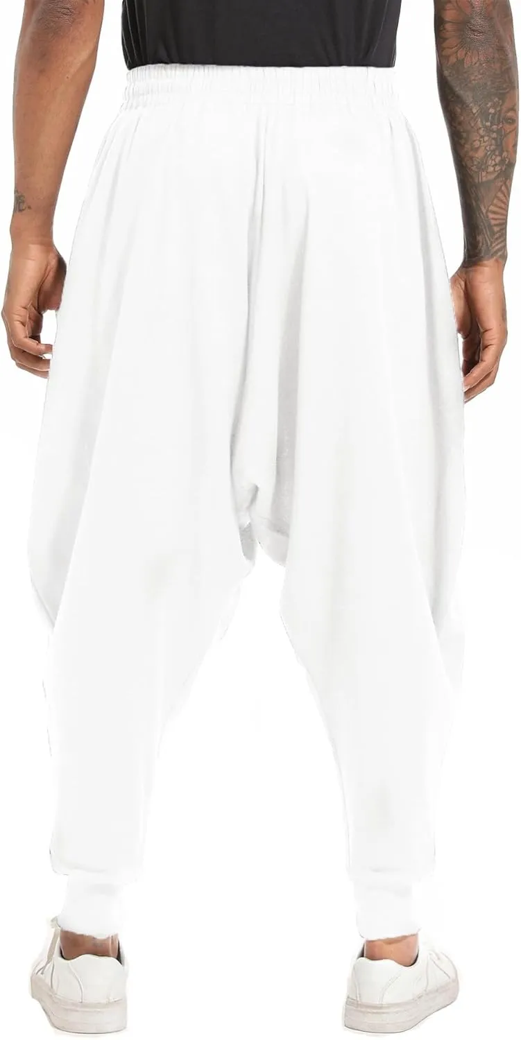 perdontoo Mens Harem Pants Casual Drawstring Aladdin Hippie Cotton Drop Crotch Trouser