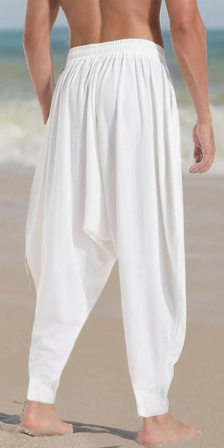 perdontoo Mens Harem Pants Casual Drawstring Aladdin Hippie Cotton Drop Crotch Trouser