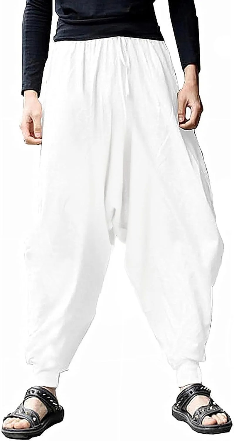 perdontoo Mens Harem Pants Casual Drawstring Aladdin Hippie Cotton Drop Crotch Trouser