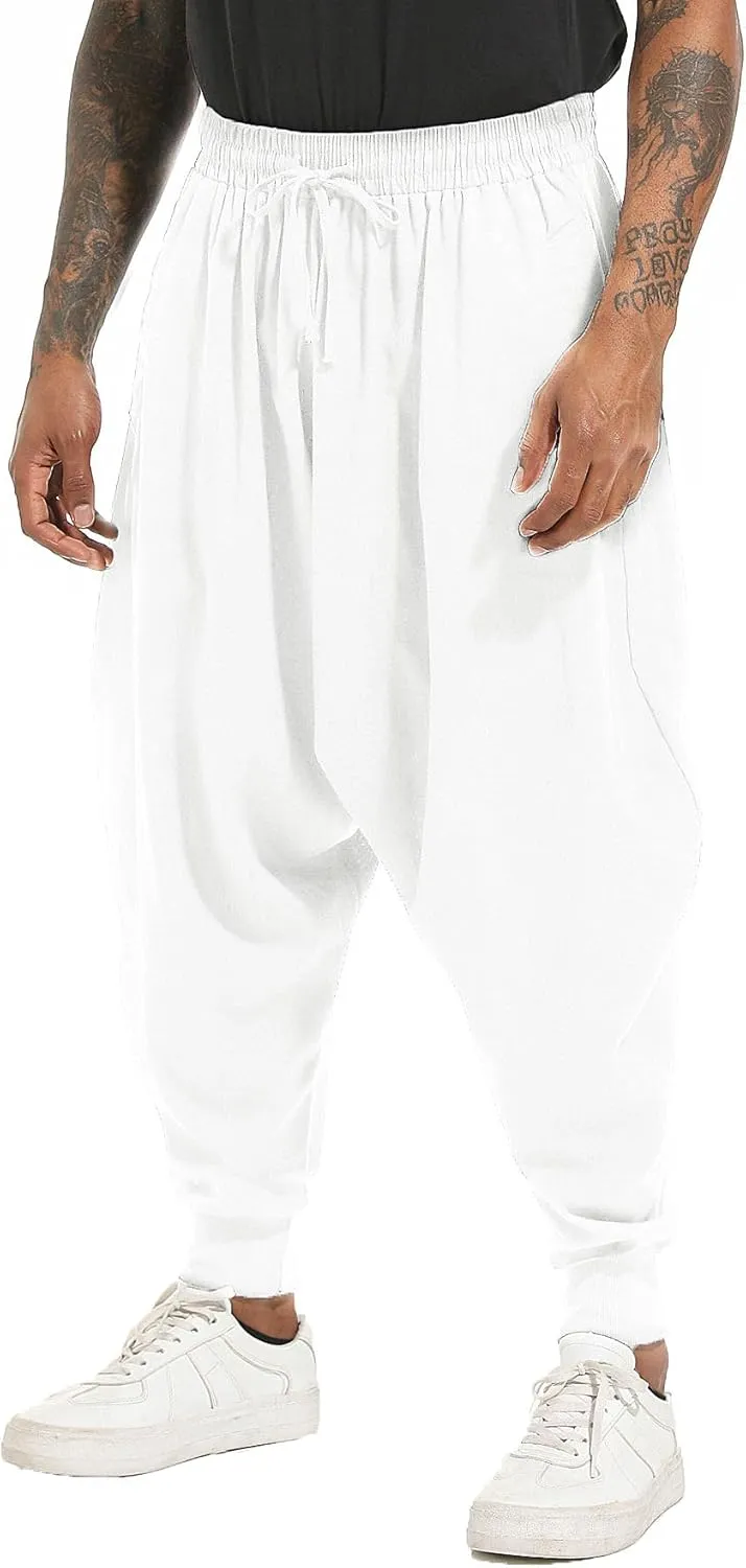perdontoo Mens Harem Pants Casual Drawstring Aladdin Hippie Cotton Drop Crotch Trouser