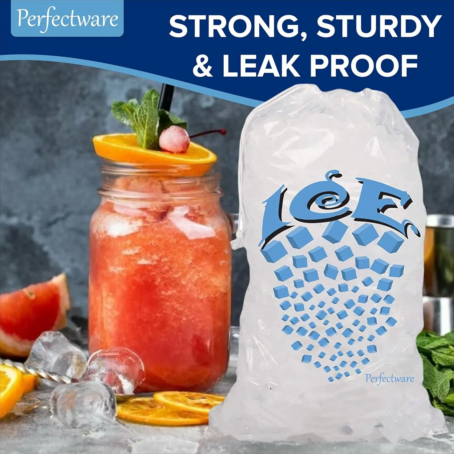 Perfectware- 8lb Drawstring Ice Bags w/Cotton String Handle- Pack of 100ct