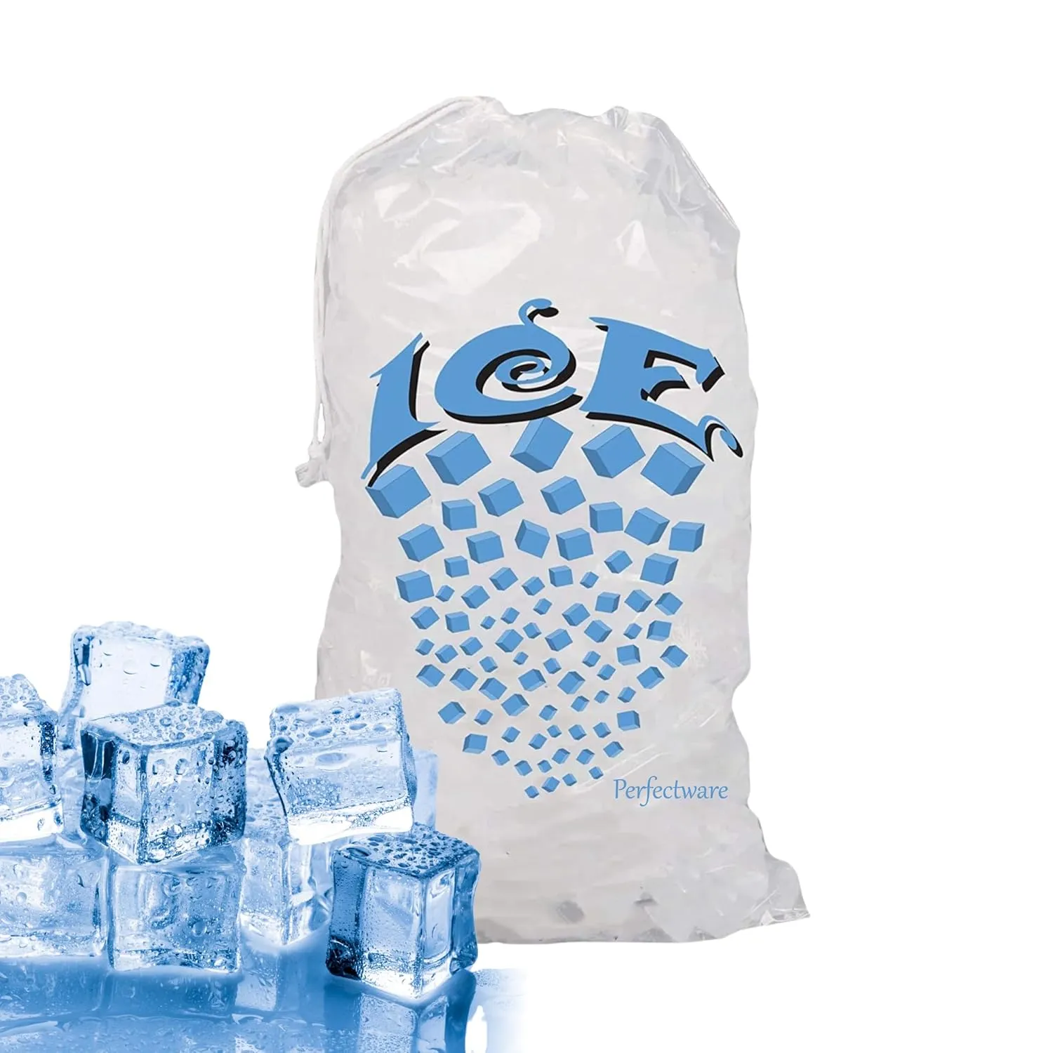 Perfectware- 8lb Drawstring Ice Bags w/Cotton String Handle- Pack of 100ct