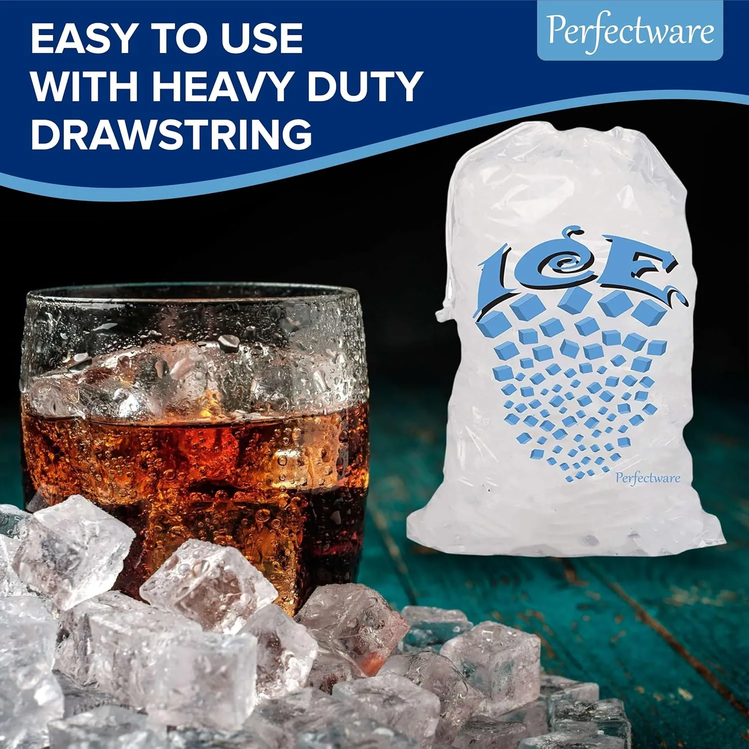 Perfectware- 8lb Drawstring Ice Bags w/Cotton String Handle- Pack of 100ct