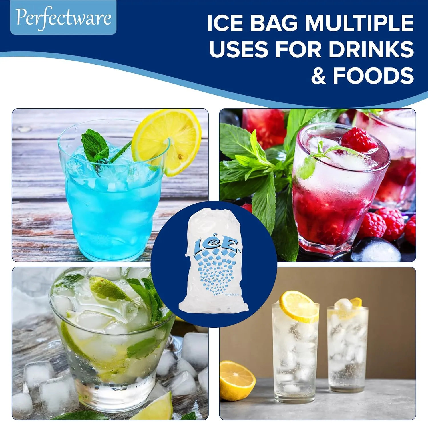 Perfectware- 8lb Drawstring Ice Bags w/Cotton String Handle- Pack of 100ct