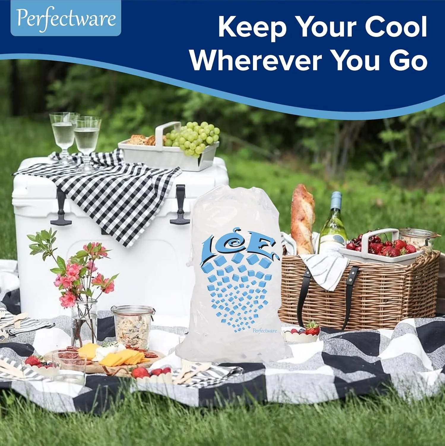 Perfectware- 8lb Drawstring Ice Bags w/Cotton String Handle- Pack of 100ct