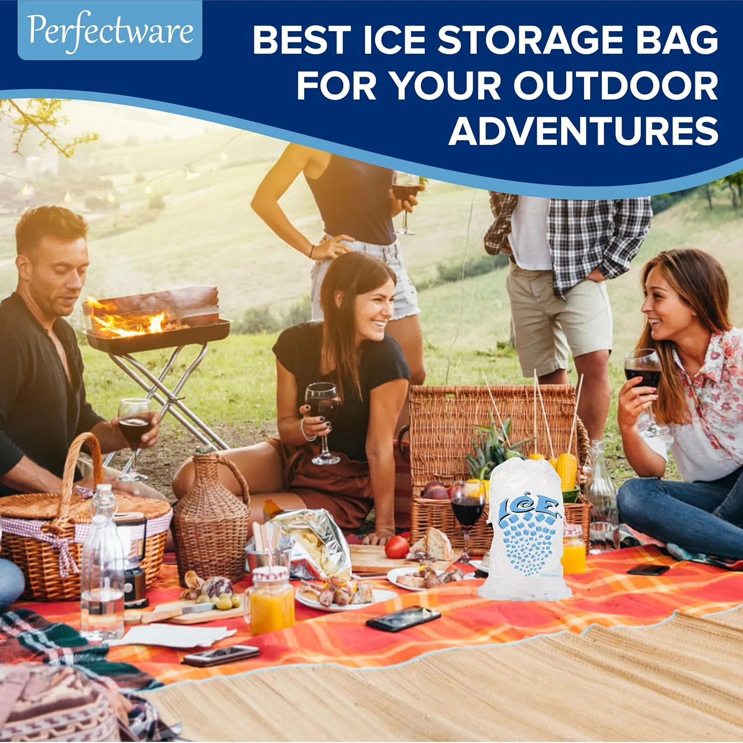 Perfectware- 8lb Drawstring Ice Bags w/Cotton String Handle- Pack of 100ct