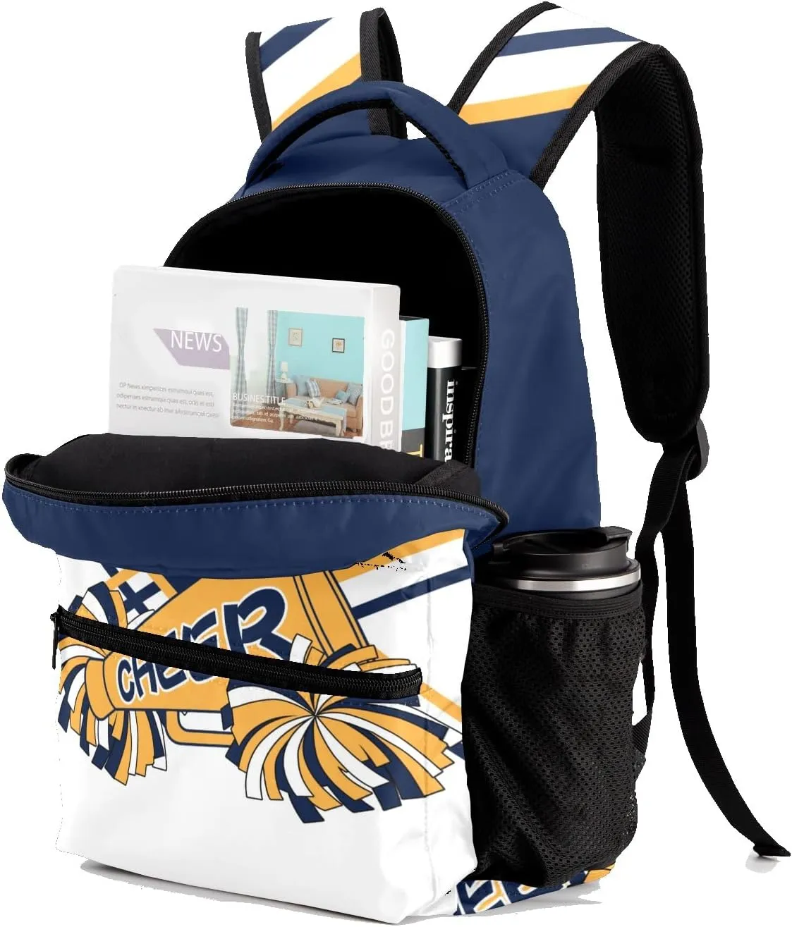 Personalized Custom Cheerleader Navy Blue Yellow Backpack Lightweight Travel Hiking Causual Bag With Name