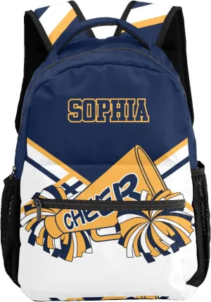 Personalized Custom Cheerleader Navy Blue Yellow Backpack Lightweight Travel Hiking Causual Bag With Name